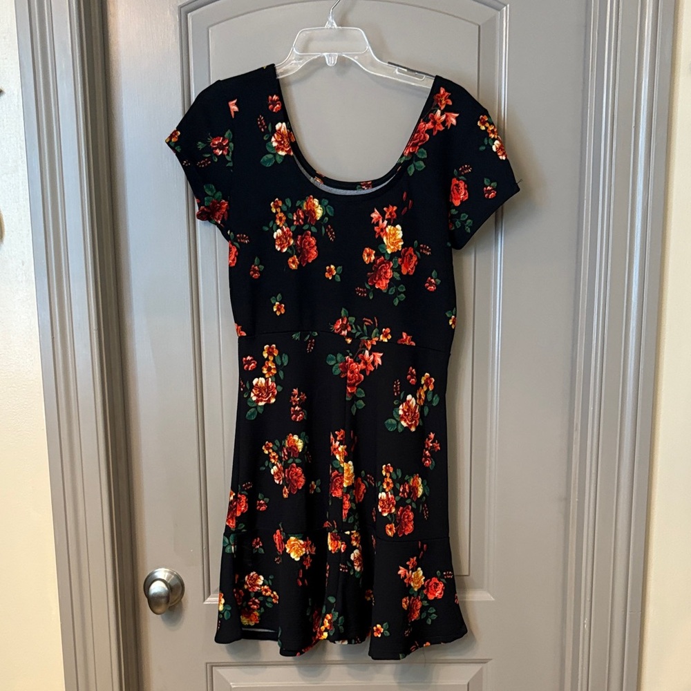 Floral Black Dress with Red and Orange Flowers